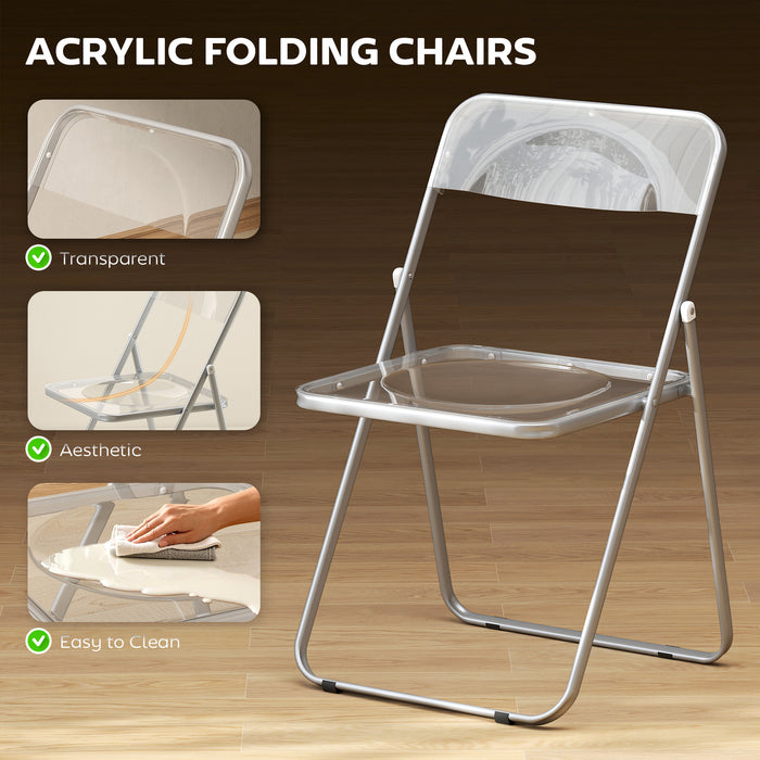 HOMCOM Foldable Chairs, Folding Chairs with Transparent Seat and Backrest, Heavy Duty Steel Frame, 47W x 48D x 75H cm, Clear