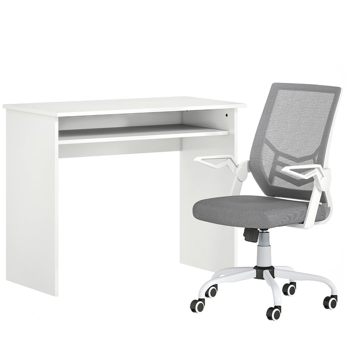 HOMCOM Home Office Furniture Set, Modern Computer Desk with Storage Shelf and Ergonomic Mesh Chair with Flip-Up Arms, Lumbar Support, Adjustable Height, Swivel Wheels, White and Grey