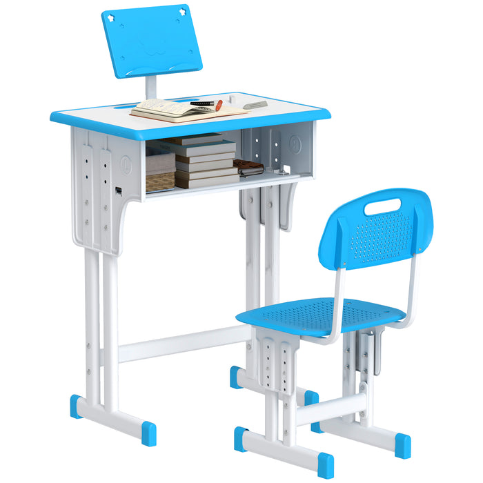 HOMCOM Kids Adjustable Desk and Chair Set, Book Stand, Pen Slot - Blue | Aosom UK