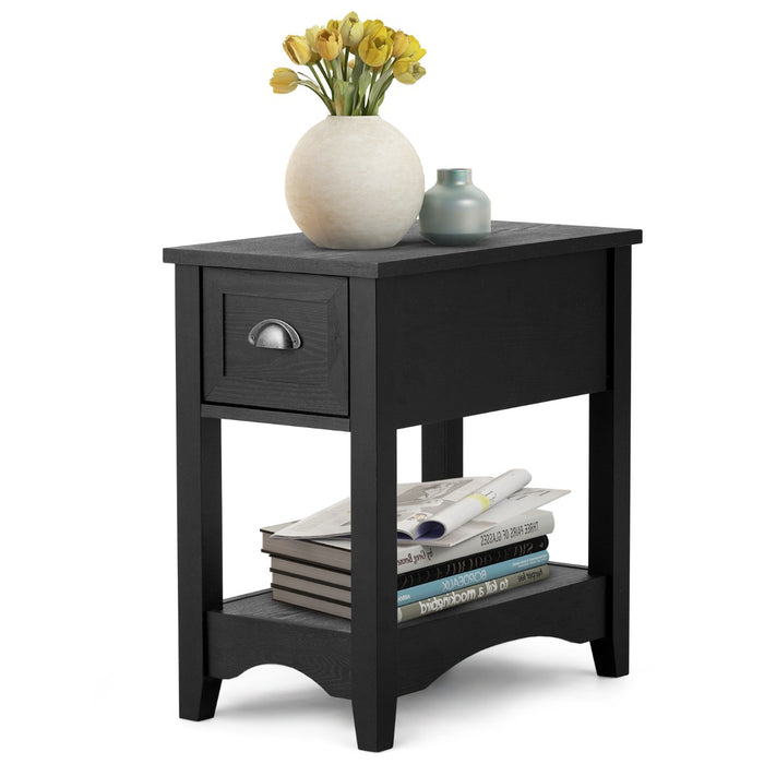 Rectangular Nightstand with 1 Drawer 1 Storing Shelf and 4 Solid Rubber wood Legs-