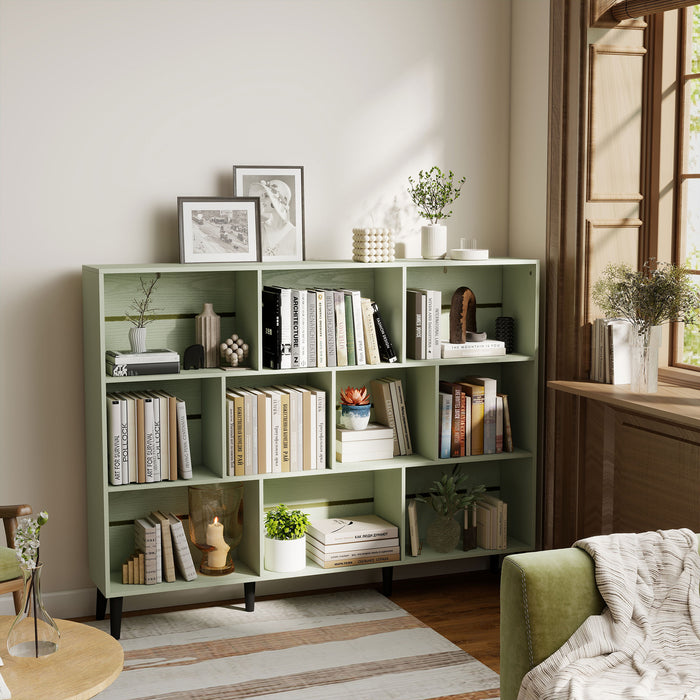 HOMCOM 10-Cube Bookcase, 3-Tier Book Shelf with Solid Wood Legs, 140 cm Modern Bookshelf with Anti-Tip Kit, Light Green