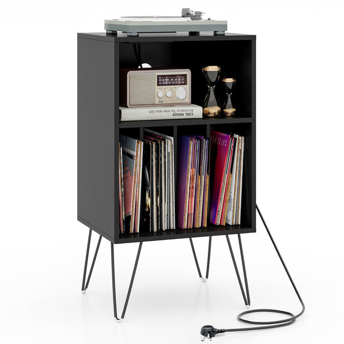 Record Player Stand - 3-Tier, Charging Station Shelf, 4 Dividers, Rustic Brown - Ideal Storage Solution for Vinyl Enthusiasts