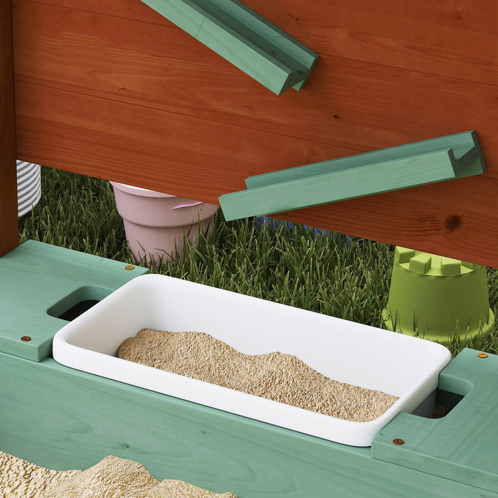 AIYAPLAY Wood Sandpit with Canopy, Storage Bins, Funnel, Liner, Chutes, Bucket with Tap, 116 x 112.5 x 128 cm, Green