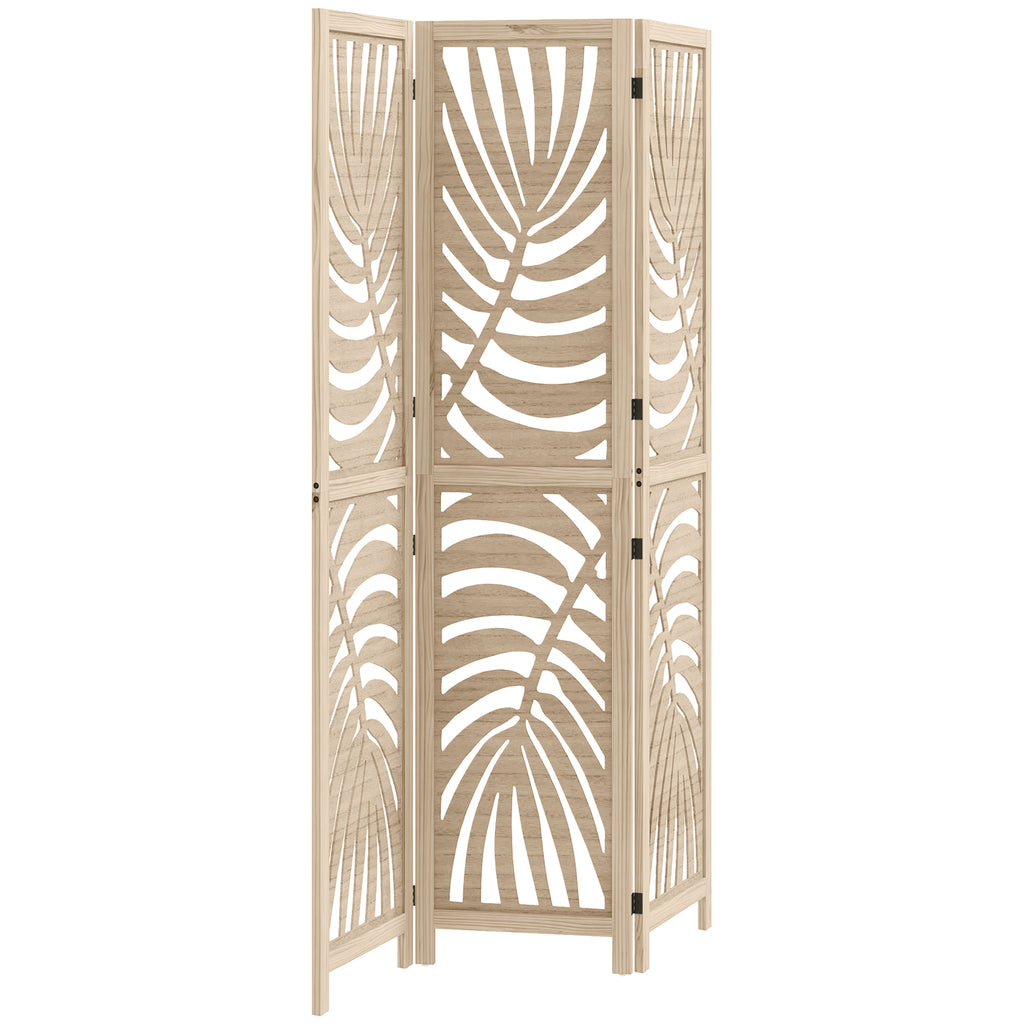 HOMCOM 3 Panel Room Divider, Detachable Folding Privacy Screens with Palm Leaf Design for Home Office, Natural Wood Finish