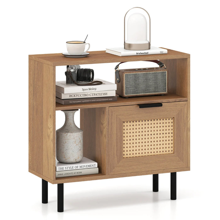Boho Rattan Side End Table with Open Storage Shelf and Cabinet-
