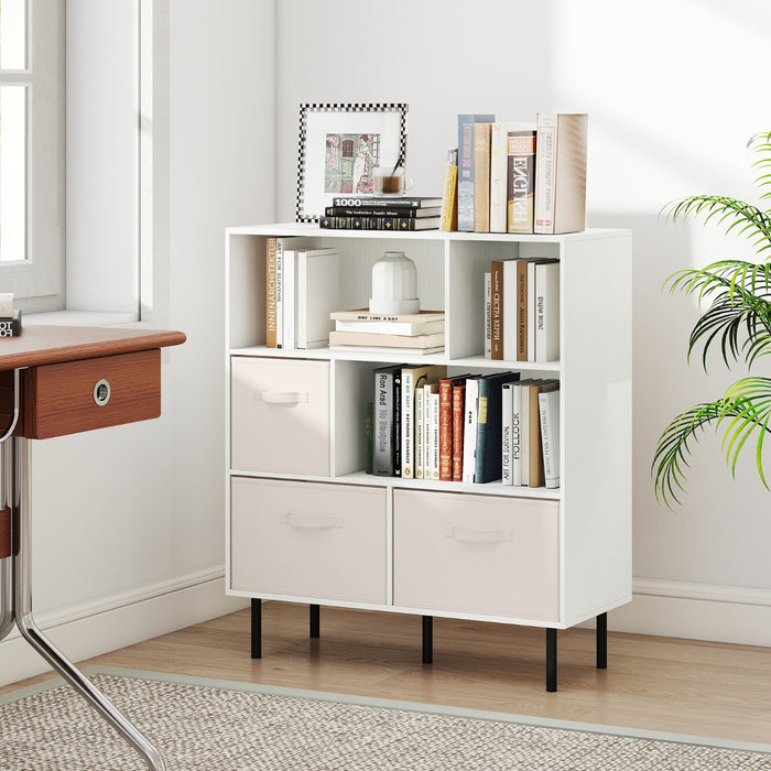 3-Tier Bookcase with 3 Removable Folding Fabric Drawers-White
