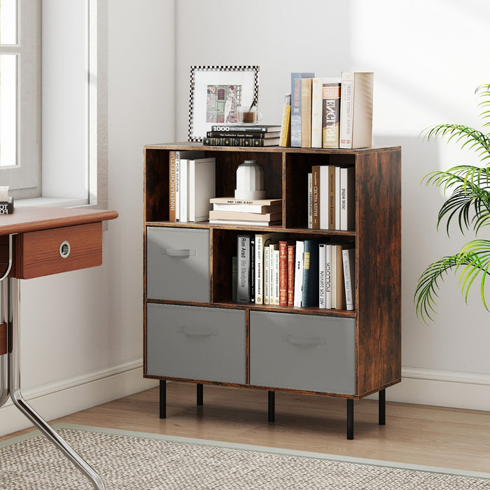 3-Tier Bookcase with 3 Removable Folding Fabric Drawers-White