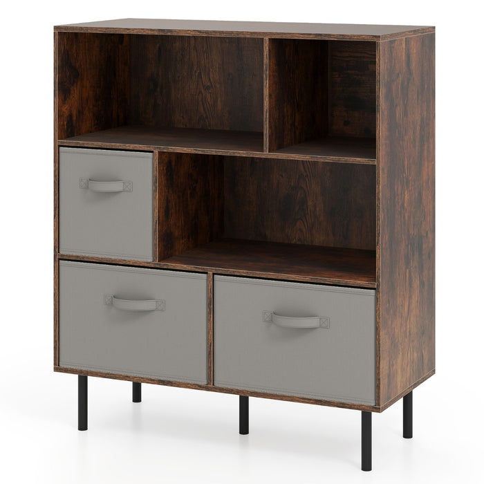 3-Tier Bookcase with 3 Removable Folding Fabric Drawers-White
