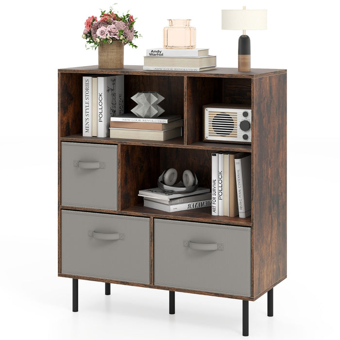 3-Tier Bookcase with 3 Removable Folding Fabric Drawers-White