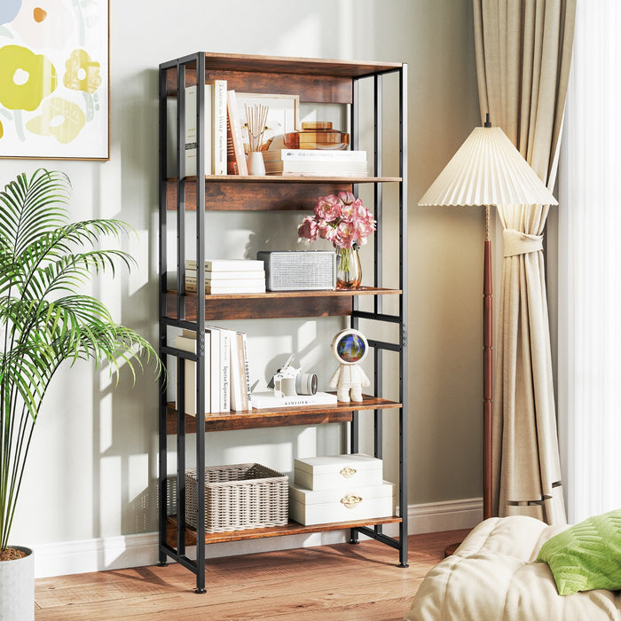 5-Tier 157cm Tall Etagere Bookcase with Adjustable and Tiltable Shelves-Rustic Brown