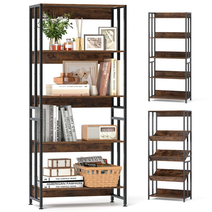 5-Tier 157cm Tall Etagere Bookcase with Adjustable and Tiltable Shelves-Rustic Brown