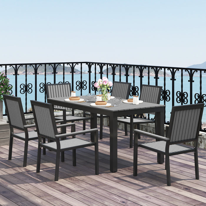 Outsunny 6 Seater Garden Dining Set with Stackable Chairs, Aluminium Frame, Rectangular Plastic Top, Garden Furniture Set, Outdoor Dining Table and Chairs for Patio, Balcony, Poolside, Grey