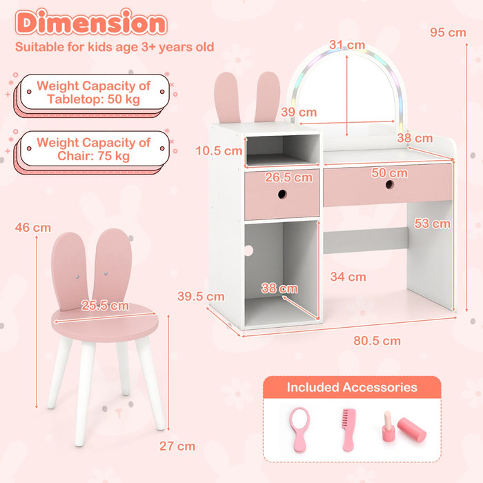 Bunny Kids Vanity Table and Chair Set with Lighted Mirror-