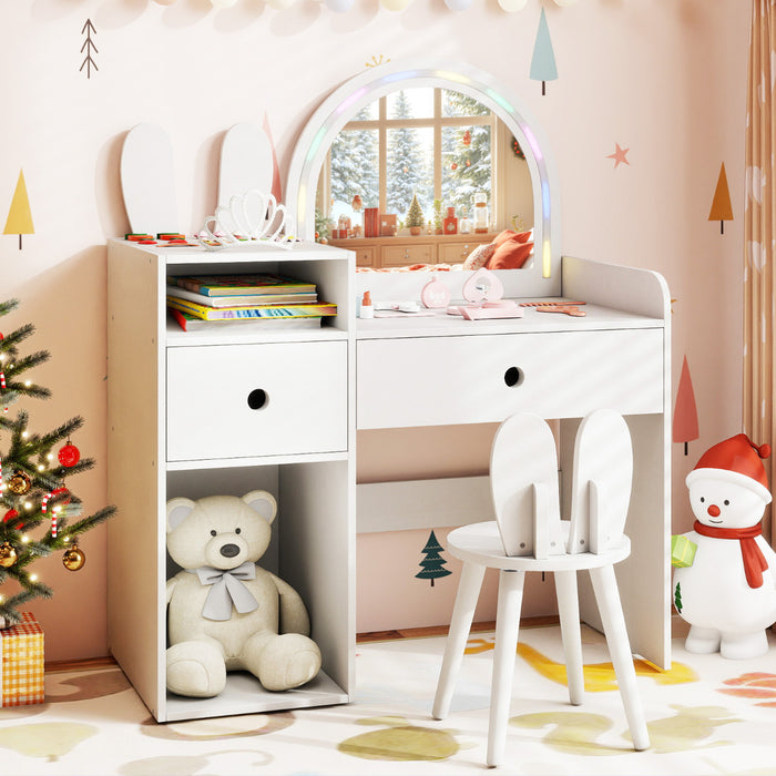 Bunny Kids Vanity Table and Chair Set with Lighted Mirror-