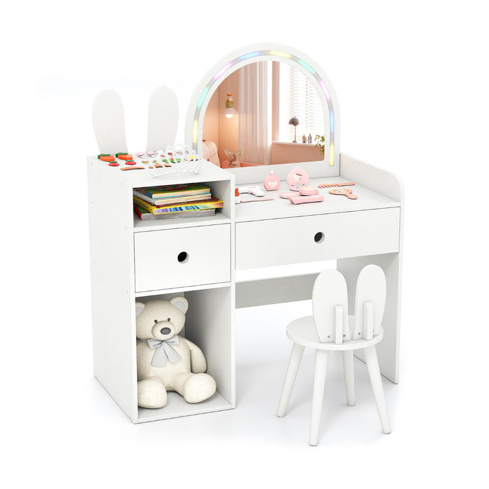 Bunny Kids Vanity Table and Chair Set with Lighted Mirror-
