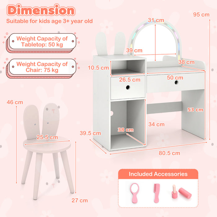 Bunny Kids Vanity Table and Chair Set with Lighted Mirror-