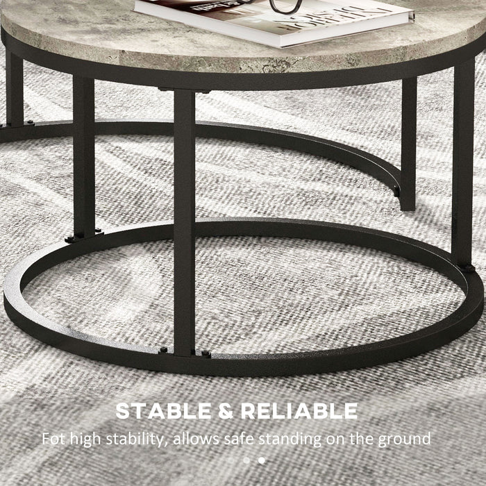 Round Nesting Coffee Table Duo - Faux Cement Finish with Robust Steel Frame - Ideal for Living Room Space Optimization
