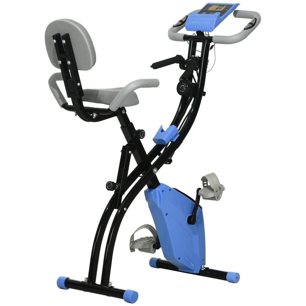 HOMCOM 2-in-1 Folding Exercise Bike with 8-Level Magnetic Resistance, Arm Resistance Band, Pulse Sensor, Blue