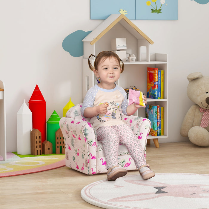 Kids Flamingo Armchair - Wooden Frame Cozy Chair for Children - Perfect for Bedroom, Playroom, or Kids Room Decor