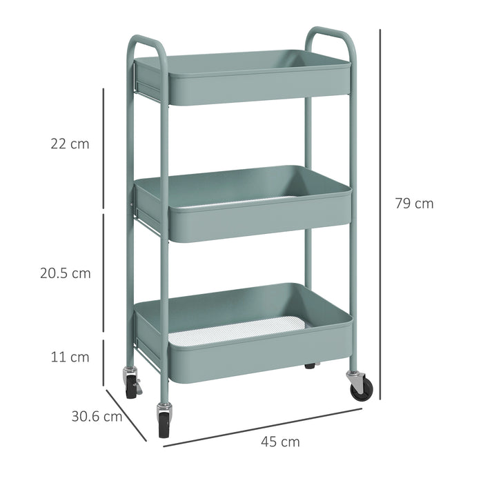 HOMCOM Three-Tier Steel Storage Trolley - Light Blue | Aosom UK