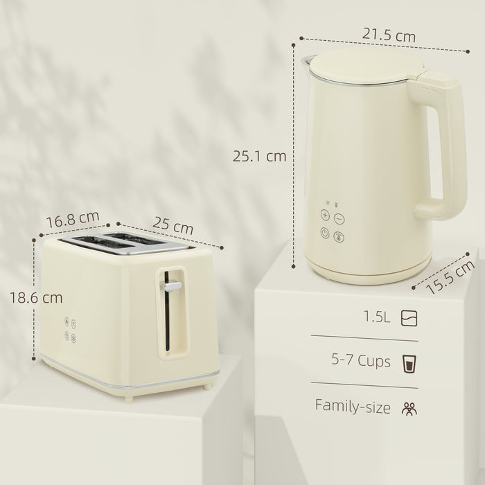 HOMCOM Digital Kettle and Toaster Set, 1.5L 3000W Fast Boil Kettle, 2 Slice Toaster Kitchen Set with 7 Level Browning Controls, Defrost, Reheat, Keep Warm, Crumb Tray and LED Touch Display, Beige
