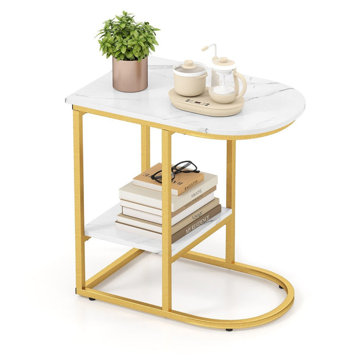 2-Tier C-shaped End Table Modern Sofa Side Table with Metal Frame-White