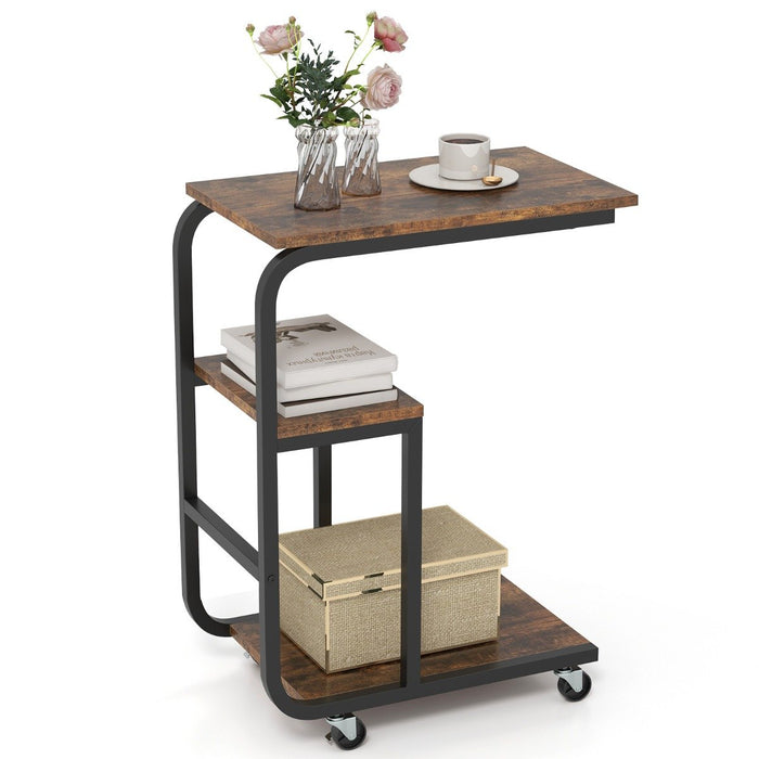 C-shaped End Table Space-saving Couch Table with Open Shelves-