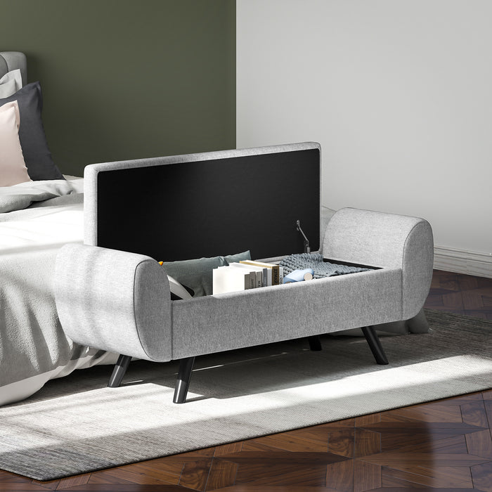 HOMCOM Storage Ottoman with Armrest, Upholstered Linen Storage Bench, Window Seat with Rubberwood Legs, Footstool for Bedroom Living Room, Hallway, Dark Grey