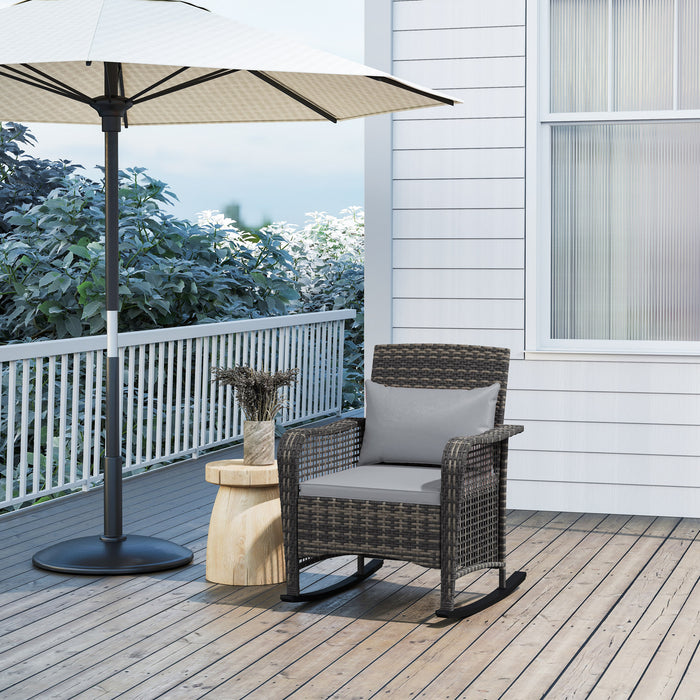 Outsunny Garden Rocking Chair, Outdoor Rattan Rocker Lounge Chair with Seat and Back Cushions, Patio Armchair Seat with All-weather Wicker, Steel Frame for Porch Balcony, Light Grey