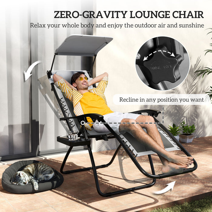 Outsunny Zero Gravity Lounger Chair Set of 2, Folding Reclining Patio Chair with Shade Cover, Cup Holder, Soft Cushion and Headrest for Poolside, Camping, Light Grey