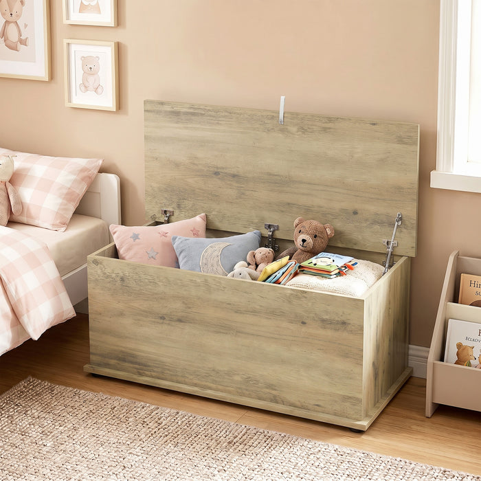 HOMCOM Large 114L Storage Chest Grey Wood Bench Trunk with Safety Lid for Bedroom Hallway and Living Room 100 x 40 x 40cm