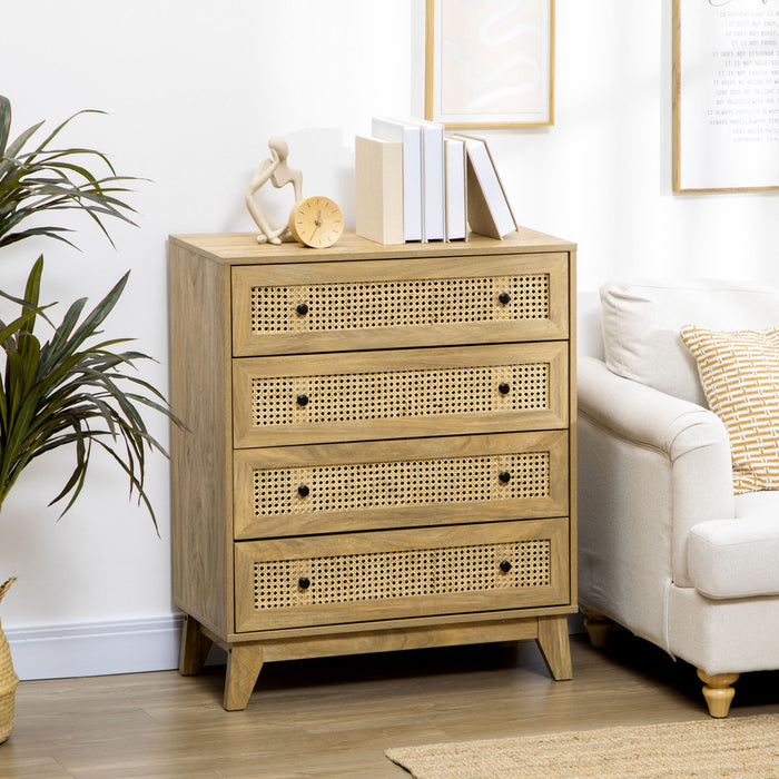 HOMCOM Chest of Drawer with 4 Rattan Drawers, Beside Table with Door, Natural