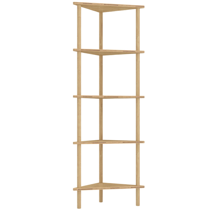 HOMCOM Bamboo Storage Shelf, 5-tier Corner Shelf, Freestanding Shelving Unit for Living Room, Home Office, Natural Wood Finish