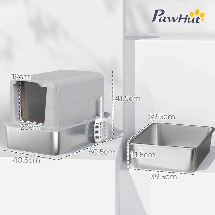 PawHut Stainless Steel Cat Litter Box with Removable Lid, Scoop, Filter Bags, for Larger Cats, Grey