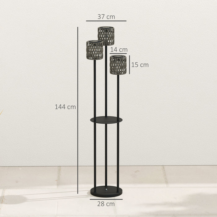 Outsunny Boho Rattan Floor Lamp, 3-Lights Rattan Lamp with Shelf, Freestanding Solar Garden Light with Auto On/Off Lights, Grey