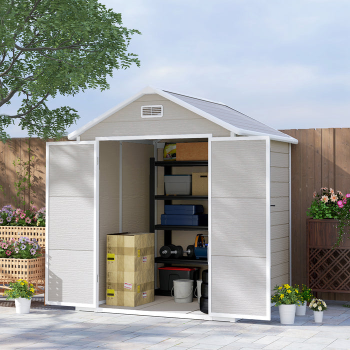 Outsunny 6 x 5ft Garden Shed, Plastic Shed with Floor, Window, Lockable Doors and Vents, Wood Effect Resin Tool Shed for Outdoor Patio, Light Grey