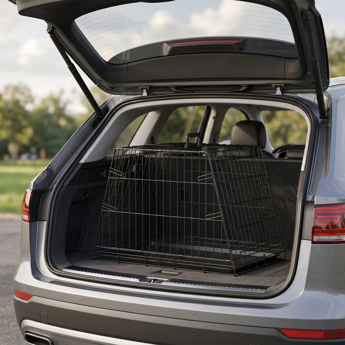 PawHut 30"(76 cm) Car Dog Crate Collapsible Slanted Travel Small Dog Cage with Tray & Handle 76L x 48W x 53H cm
