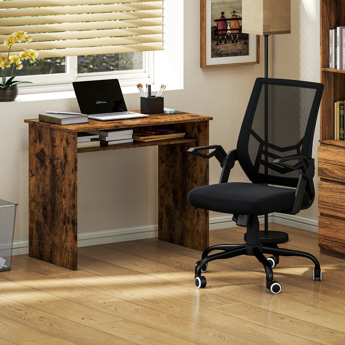 HOMCOM Modern Home Office Furniture Set, Computer Desk with Storage Shelf and Ergonomic Mesh Chair with Flip-Up Armrests, Lumbar Support, Adjustable Height, Rustic Brown and Black