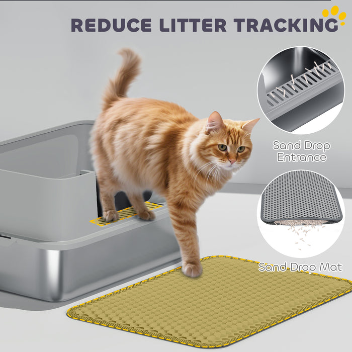 PawHut High Sided Stainless Steel Litter Box, Metal Cat Litter Tray with Metal Scoop, Litter Mat, Never Absorbs Odors, Grey
