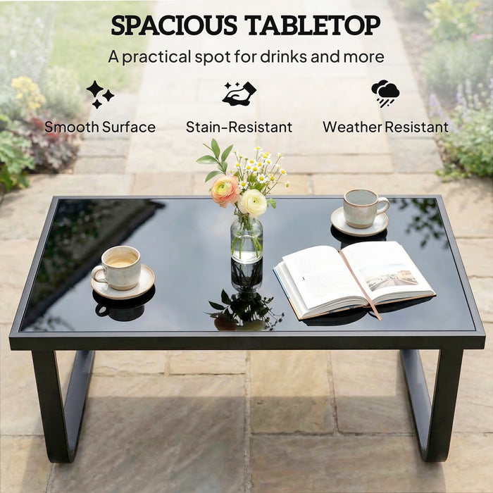 Outsunny Outdoor Garden Coffee Table, Rectangle Metal Side Table with Tempered Glass Tabletop, Adjustable Foot Pads
