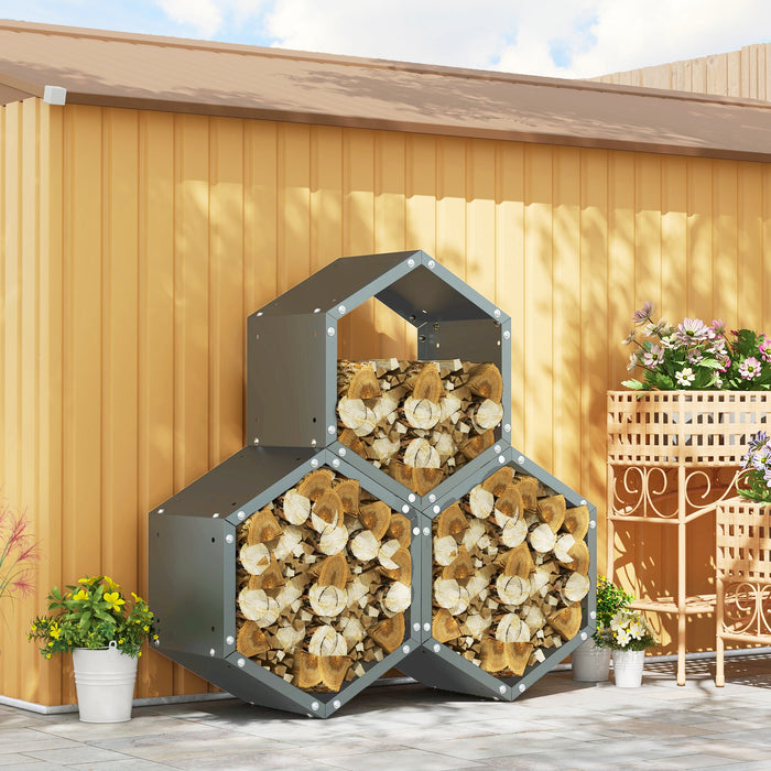 Outsunny Three-Shelf Hexagon Metal Firewood Rack - Grey | Aosom UK