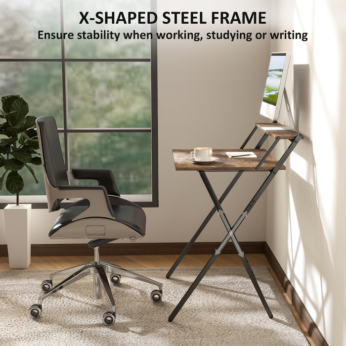 HOMCOM 70 cm Folding Computer Desk with Monitor Shelf - Rustic Brown