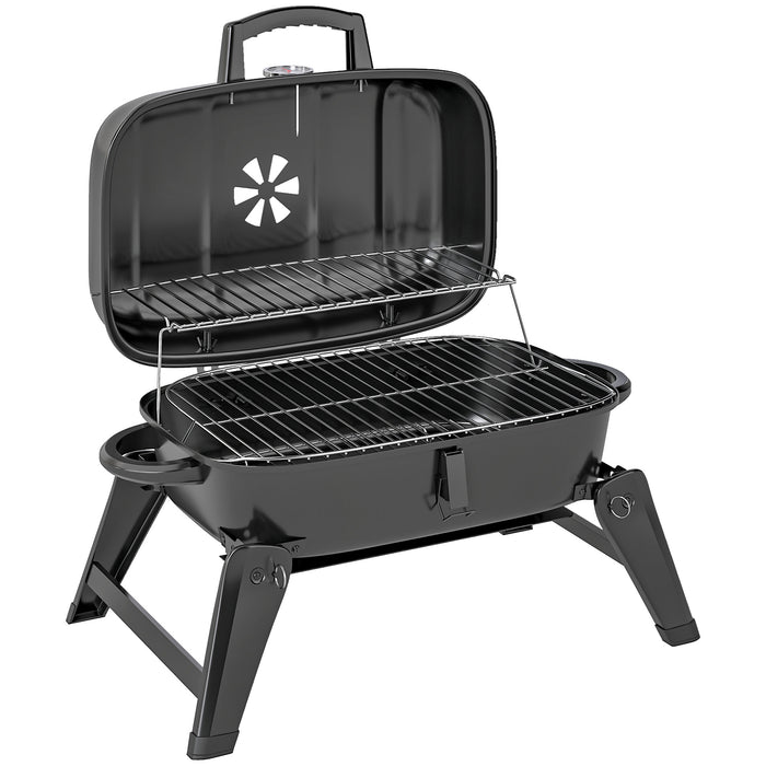Outsunny Charcoal Barbecue Grill Folding BBQ Grill with 1232 cm² Cooking Area, Adjustable Vent, Thermometer, Handles for Camping Picnic, Black