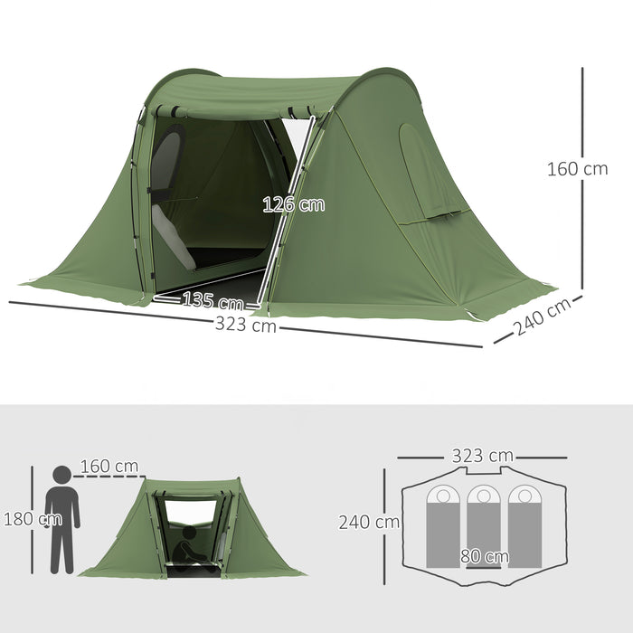 Outsunny 3 Man Camping Tent with Living Area and 2 Bedrooms, 3000mm Waterproof Family Tent with Sewn-in Groundsheet, Portable with Bag for Hiking, Festival, Backpacking, Green