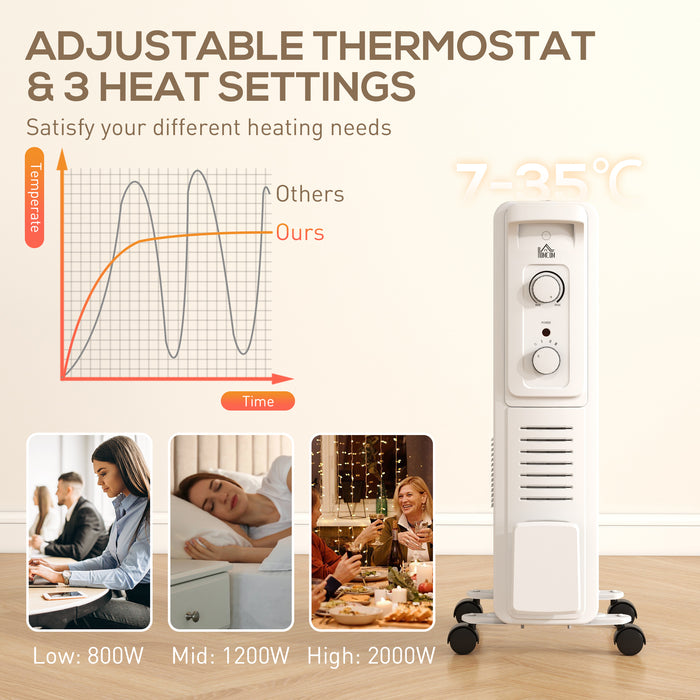 HOMCOM 2000W Oil Filled Radiator, 9 Fin Energy Efficient Portable Electric Heater with 3 Heat Settings, Adjustable Thermostat, Safety Tip Over, Overheat Protection, for Home, White