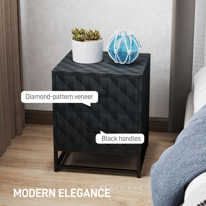 HOMCOM Bedside Tables Set of 2, Modern Bedside Table Nightstand with 2 Drawers, Bedside Cabinet Sofa Side Table with Storage, Steel Legs for Bedroom, Living Room, Black