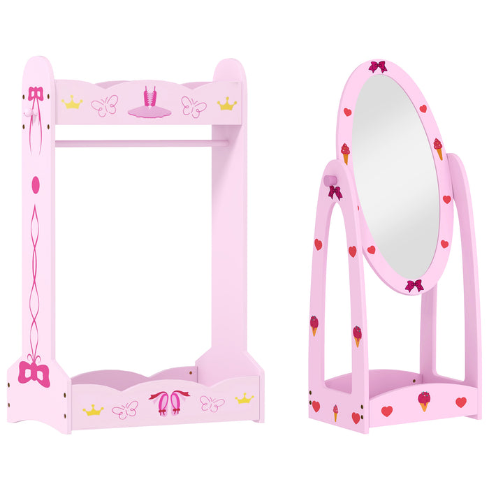 AIYAPLAY Kids Clothes Rail, Kids Dressing Mirror with 360° Rotating, 2 Piece Kids Furniture Set with Storage Shelves, Pink