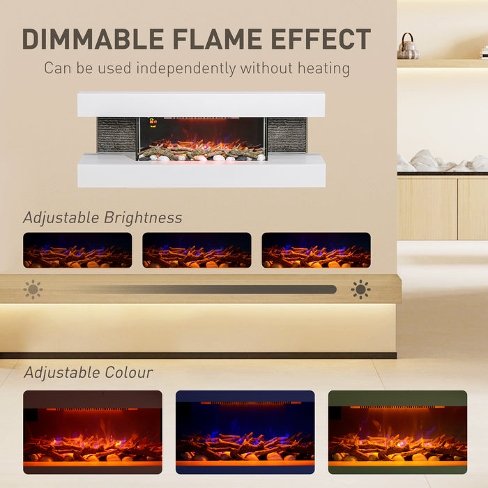 HOMCOM 47inch / 120cm Electric Fireplace Wall Mounted, Freestanding, Glass Electric Fire Suite with Mantel, Adjustable LED Flame Effect, Log, Pebble, Remote Control, 2000W, White | Aosom UK