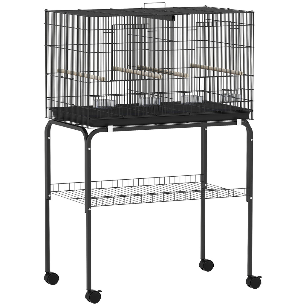 PawHut Bird Cage with Divider, 4 Wooden Perches, Slide Out Tray, 4 Feeders, for Budgie, Lovebird, Canary, 76 x 46 x 116cm Black