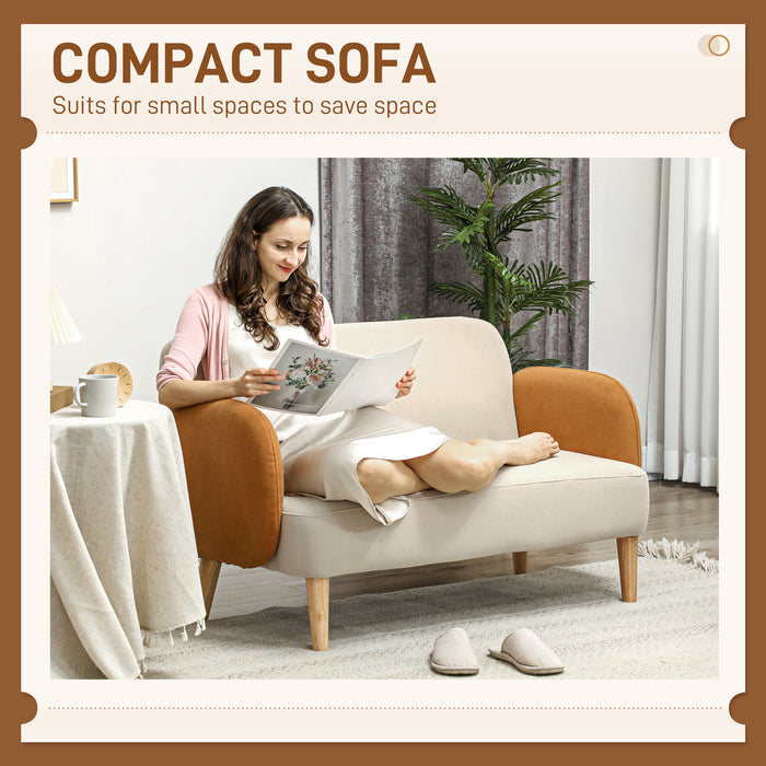HOMCOM Small 2 Seater Sofa, Modern Nordic Loveseat Sofa Couch with Rubber Wood Legs, Velvet Fabric Sofa for Living Room, Bedroom, Small Space, 130 x 74 x 76cm, Cream White and Orange